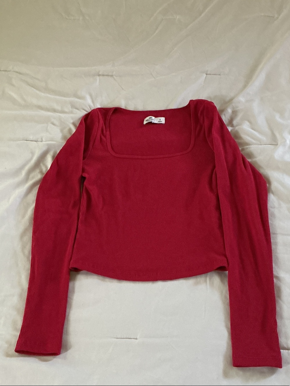 Hollister Red Ribbed Long-Sleeve Square Neck Top size S